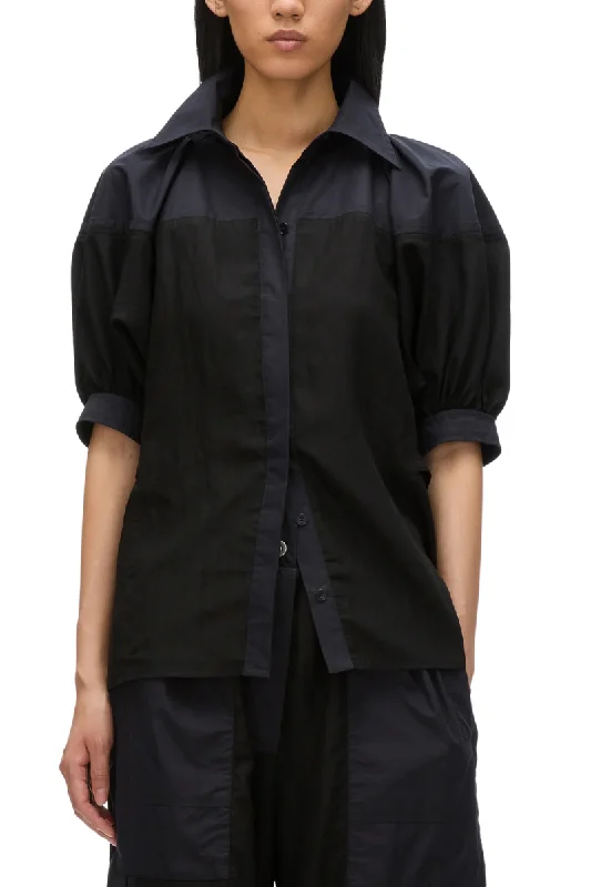 Lantern Sleeve Combo Shirt Houndstooth Herringbone Solid