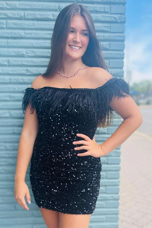 Black Sequin Off-the-Shoulder Feathered Short Party Dress gh1271 Tunics Versatile stylish Black Sequin Off-the-Shoulder Feathered Short Party Dress gh1271 Tunics Versatile stylish