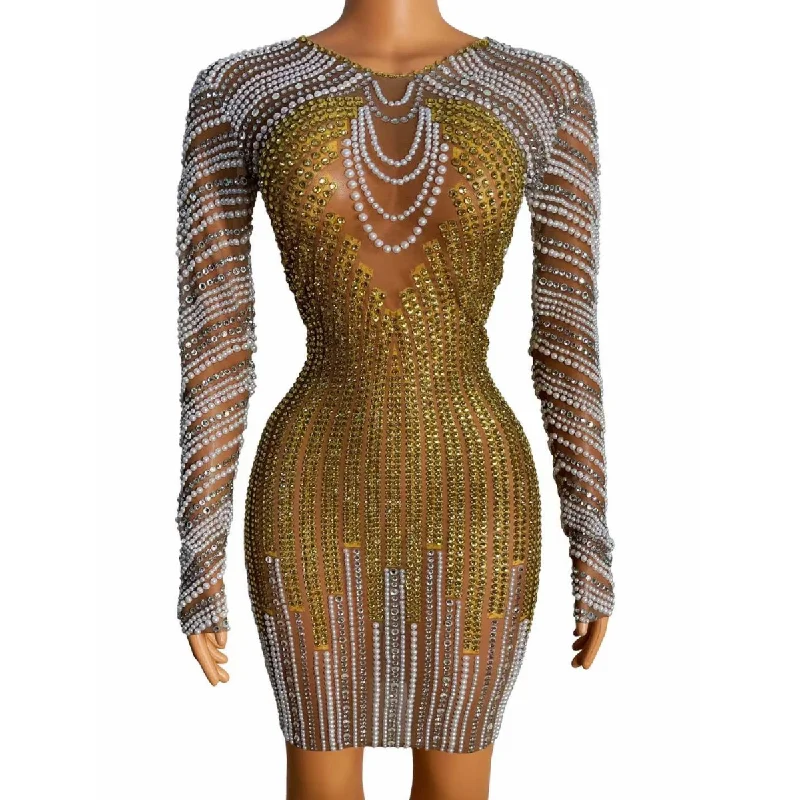 Deluxe Design Golden Rhinestone Stripe Club Party Dress Pearl Appliqued Mesh See Through Sexy Long Sleeve Women Dress Elegant Tunics Summer linen Deluxe Design Golden Rhinestone Stripe Club Party Dress Pearl Appliqued Mesh See Through Sexy Long Sleeve Women Dress Elegant Tunics Summer linen