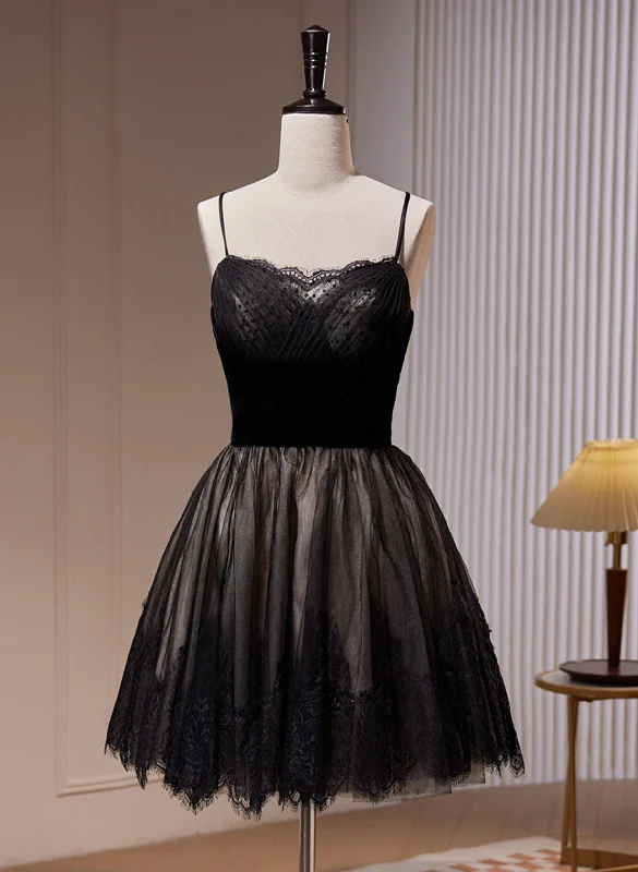 Black Tulle and Lace Straps Short Party Dress, Black Homecoming Dress Tunics Running lightweight Black Tulle and Lace Straps Short Party Dress, Black Homecoming Dress Tunics Running lightweight