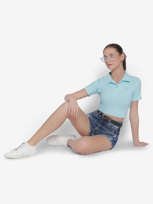 JUMP USA Pure Cotton Short Sleeve Polo Crop Top Zippered Buttoned Snapped