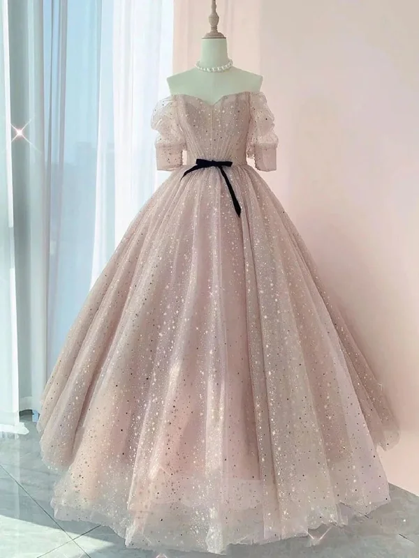 Pink Sweetheart-Neck Tulle Lace Half-Sleeve Prom Dresses Pink Party Dress Tunics Luxurious premium Pink Sweetheart-Neck Tulle Lace Half-Sleeve Prom Dresses Pink Party Dress Tunics Luxurious premium