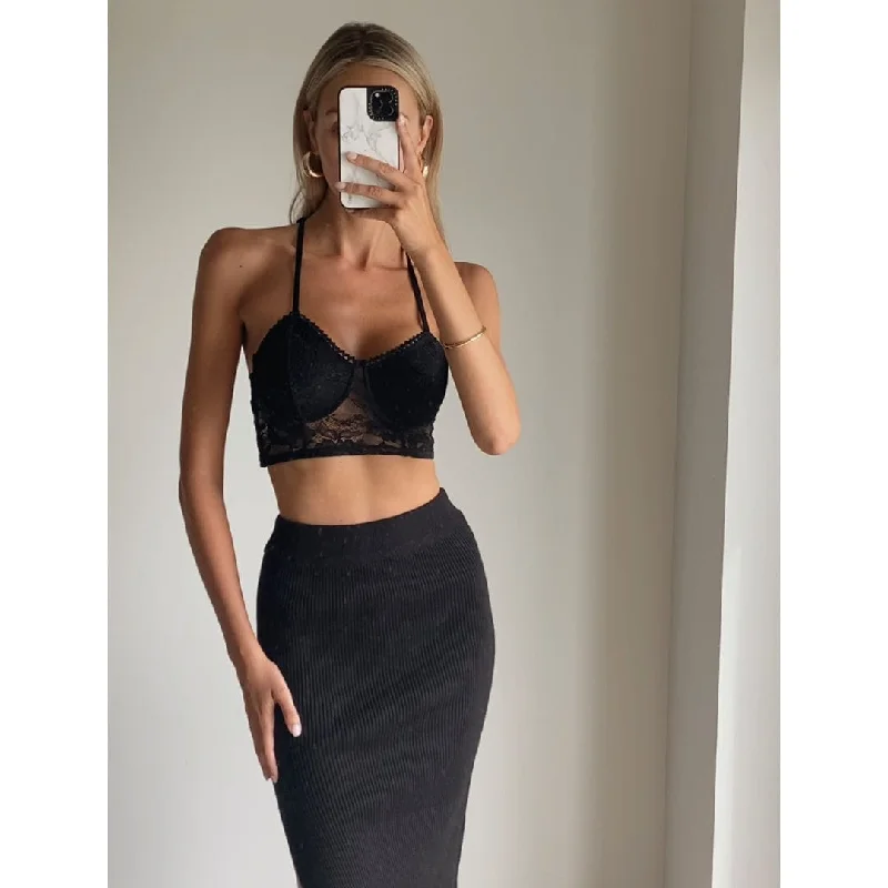 WILLOW Black Lace Crop Top Notch Collar Peter Pan Collar Cowl Neck