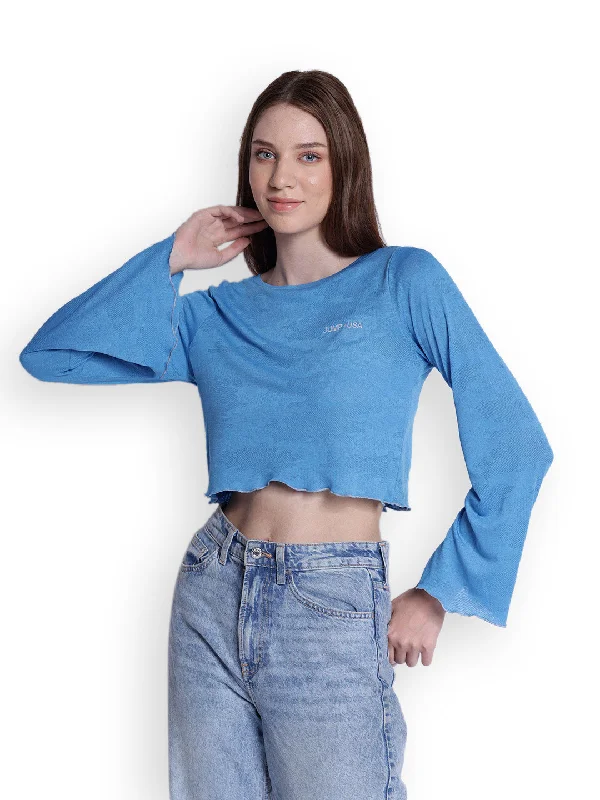 JUMP USA Womens Flared Sleeves Blue Solid Crop Tops Casual Formal Business