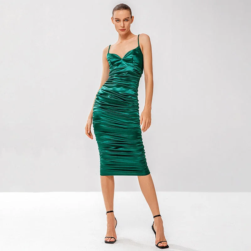 2022 New Satin Satin Bandeau Sexy Waist-Slimming Long Dress Pleated Suspender Dress Party Dress Sequined Elegant Party 2022 New Satin Satin Bandeau Sexy Waist-Slimming Long Dress Pleated Suspender Dress Party Dress Sequined Elegant Party
