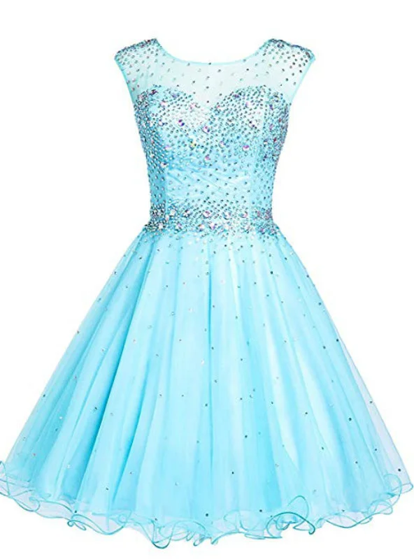 Blue Tulle Backless Beading Crystal Short Homecoming Party Dress Off-the-shoulder Chic Trendy Blue Tulle Backless Beading Crystal Short Homecoming Party Dress Off-the-shoulder Chic Trendy