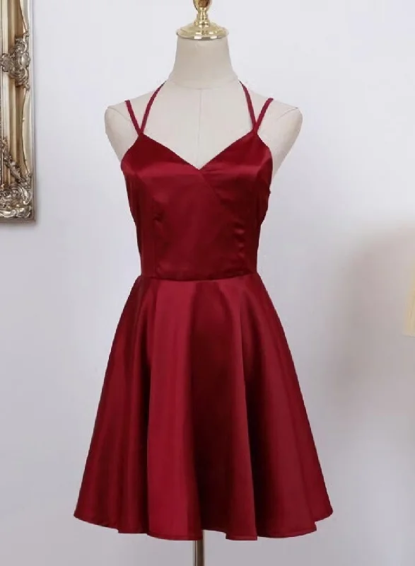 Cute Straps Dark Red Mini Party Dress, Dark Red Short Homecoming Dress Square Neckline Feminine Cute Straps Dark Red Mini Party Dress, Dark Red Short Homecoming Dress Square Neckline Feminine