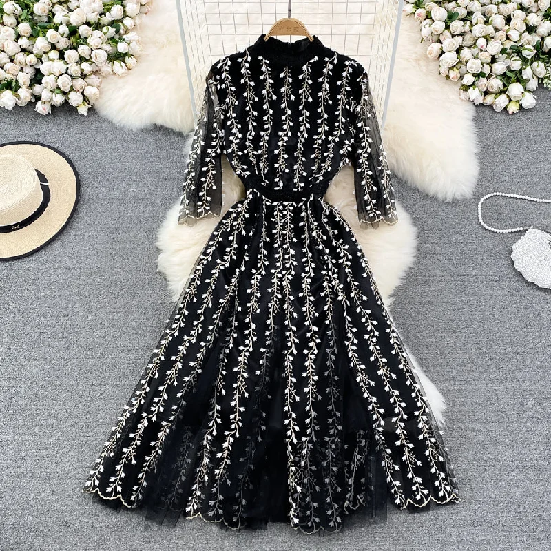 Vintage Luxury Dress Women Elegant Mesh Patchwork Korean Party Dress Stand Collar Midi Summer Dresses For Ladies Tunics Velvet soft Vintage Luxury Dress Women Elegant Mesh Patchwork Korean Party Dress Stand Collar Midi Summer Dresses For Ladies Tunics Velvet soft