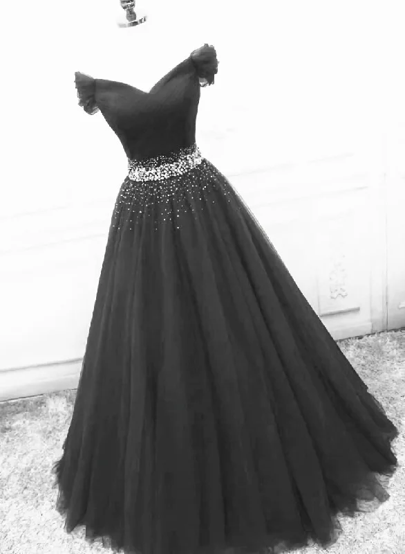Black Off Shoulder Tulle Lace Beaded A-line Prom Dress, Black Junior Party Dresses Tunics Timeless classic Black Off Shoulder Tulle Lace Beaded A-line Prom Dress, Black Junior Party Dresses Tunics Timeless classic