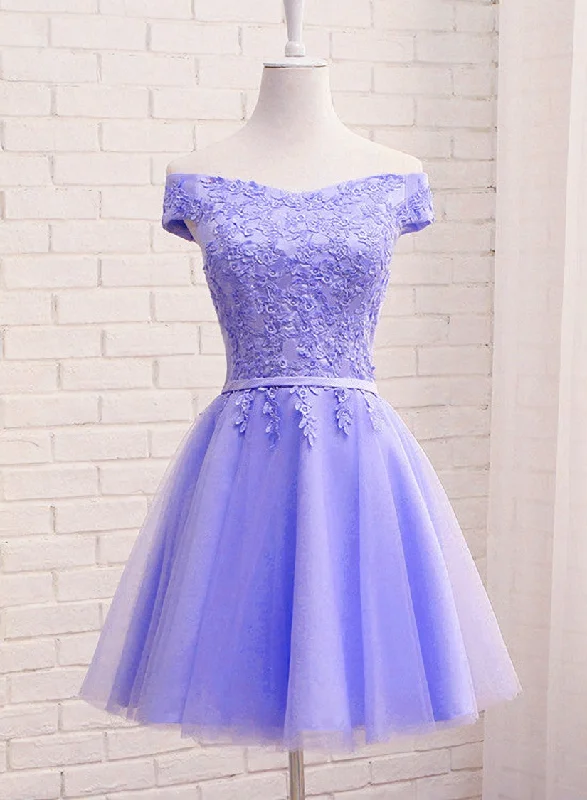 Purple Short Sleeves Lace Off Shoulder Party Dress, Cute Purple Homecoming Dress Tunics Short Trendy Purple Short Sleeves Lace Off Shoulder Party Dress, Cute Purple Homecoming Dress Tunics Short Trendy