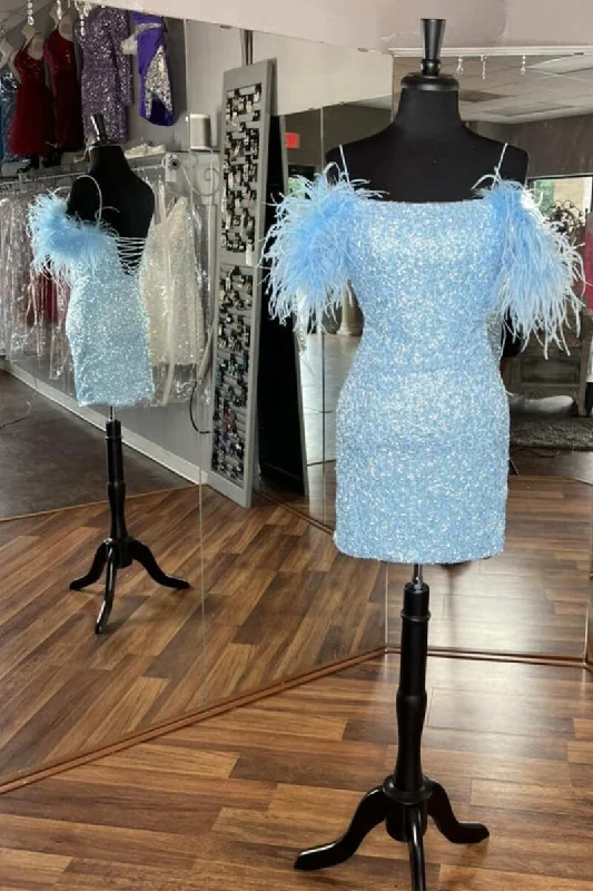 Light Blue Sequin Cold-Shoulder Feathers Short Party Dress gh1232 Tunics Versatile functional Light Blue Sequin Cold-Shoulder Feathers Short Party Dress gh1232 Tunics Versatile functional
