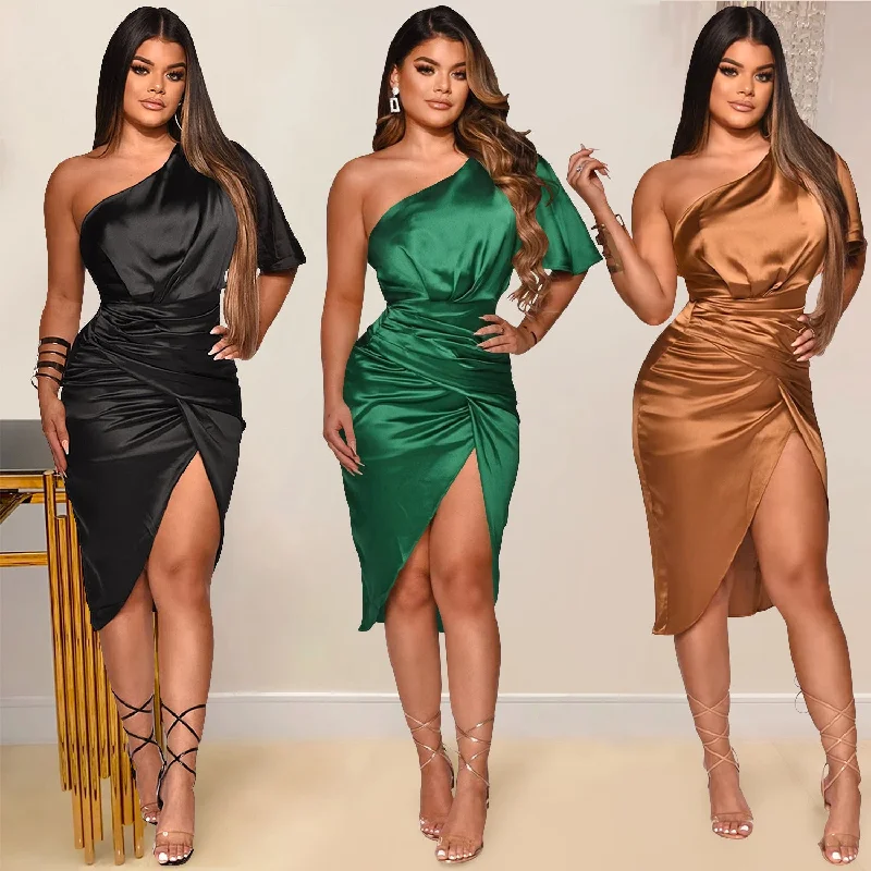 Hot Sale Women Evening Dresses Asymmetric One Shoulder Elegant Sexy Midi Party Dress Tunics Mesh breathable Hot Sale Women Evening Dresses Asymmetric One Shoulder Elegant Sexy Midi Party Dress Tunics Mesh breathable