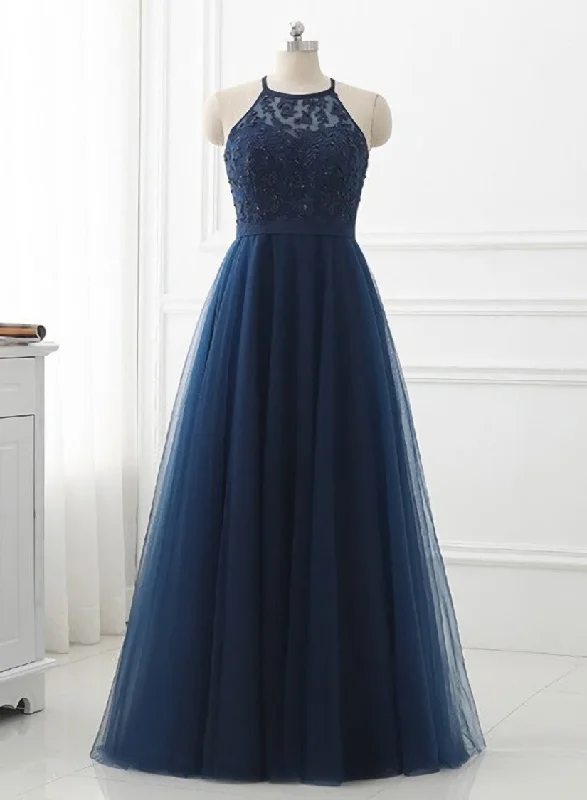 Navy Blue Tulle with Lace Applique Long Party Dress, Blue Prom Dress Tunics Fall fleece Navy Blue Tulle with Lace Applique Long Party Dress, Blue Prom Dress Tunics Fall fleece