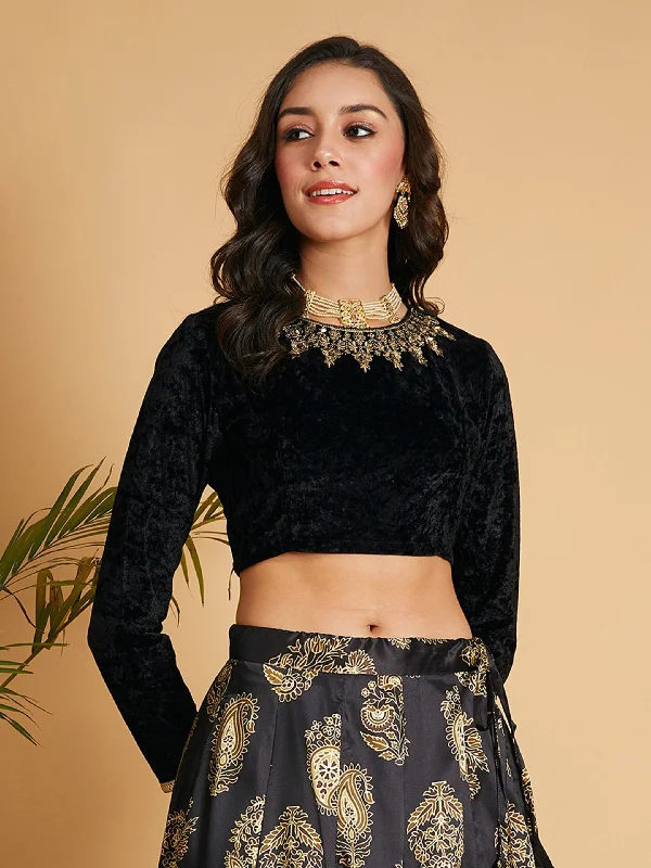 Women's Black Velvet Embroidered Crop Top - Lyush Knit Fabric Woven Fabric Fleece Fabric Women's Black Velvet Embroidered Crop Top - Lyush Knit Fabric Woven Fabric Fleece Fabric