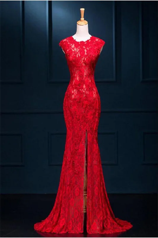 Beautiful Mermaid Long Red Lace Prom Dress With Split,Party Dress Tunics Leisure comfortable Beautiful Mermaid Long Red Lace Prom Dress With Split,Party Dress Tunics Leisure comfortable
