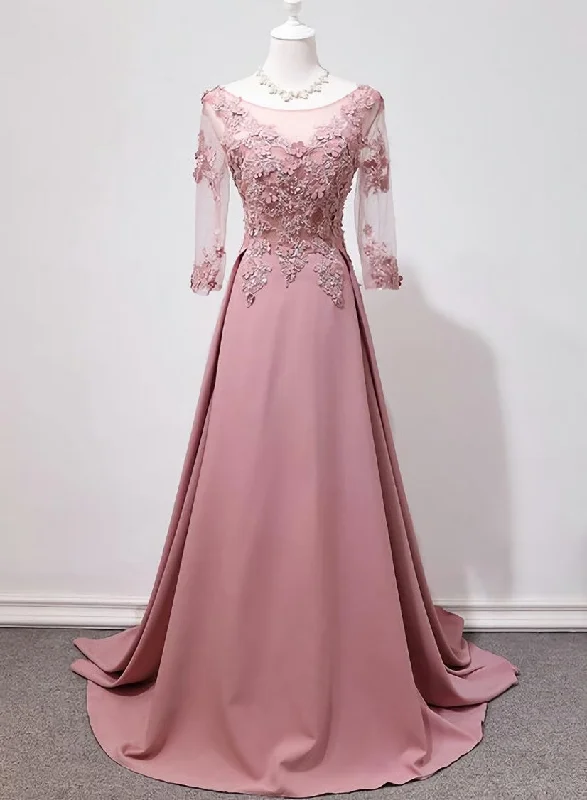 Elegant Pink Long Sleeves Lace Applique Long Party Dress, Pink Prom Dress Tunics Winter warm Elegant Pink Long Sleeves Lace Applique Long Party Dress, Pink Prom Dress Tunics Winter warm