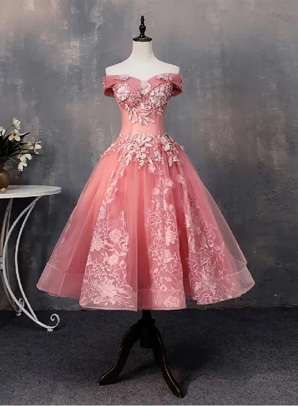 Lovely Pink Off Shoulder Party Dress, Lace Applique Prom Dress Tunics Seasonal trendy Lovely Pink Off Shoulder Party Dress, Lace Applique Prom Dress Tunics Seasonal trendy