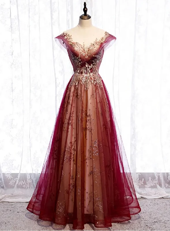 Wine Red Cap Sleeves Tulle with Lace Applique Party Dress Wine Red Evening Dress Prom Dress Tunics Stylish elegant Wine Red Cap Sleeves Tulle with Lace Applique Party Dress Wine Red Evening Dress Prom Dress Tunics Stylish elegant