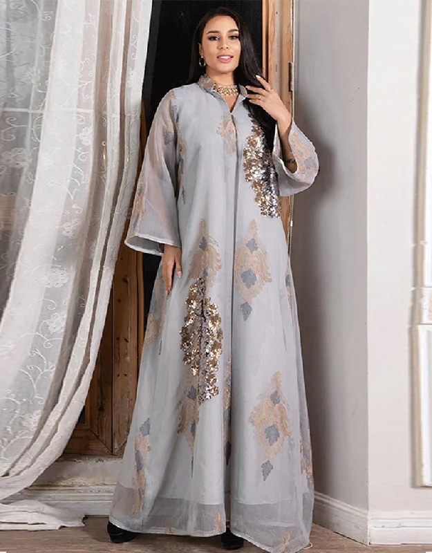 Sequins Dubai Abaya Women Jalabiya Evening Party Dress Imitation Linen Gold Embroidery Crew Neckline Casual Sequins Dubai Abaya Women Jalabiya Evening Party Dress Imitation Linen Gold Embroidery Crew Neckline Casual