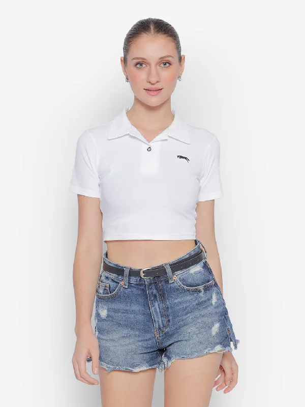 JUMP USA Pure Cotton Short Sleeve Polo Crop Top Chenille Brocade Lace