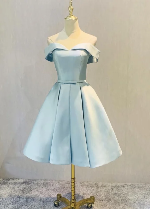Blue Satin Cute Short Homecoming Dress, Off Shoulder Party Dress Turtleneck Warm Winter Blue Satin Cute Short Homecoming Dress, Off Shoulder Party Dress Turtleneck Warm Winter