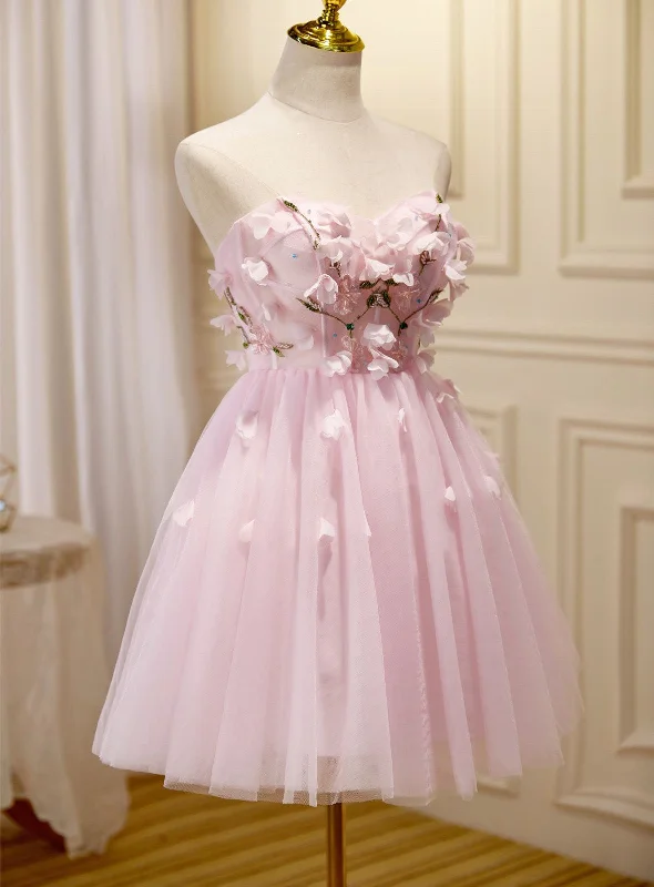 Lovely Pink Tulle with Flowers Short Party Dress, Pink Tulle Homecoming Dresses Tunics Distressed trendy Lovely Pink Tulle with Flowers Short Party Dress, Pink Tulle Homecoming Dresses Tunics Distressed trendy
