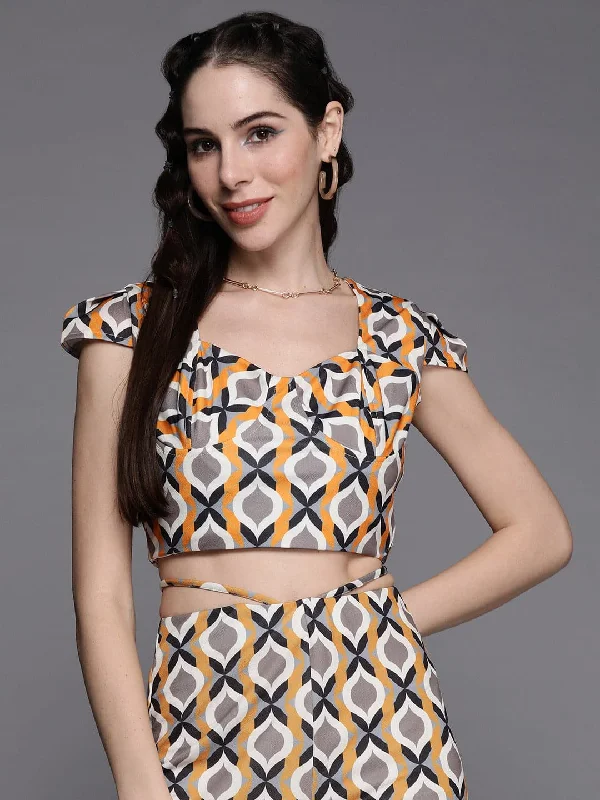 Women's Mustard Geometric Print Cap Sleeves Crop Top - Lyush Front Pockets Side Pockets Patch Pockets Women's Mustard Geometric Print Cap Sleeves Crop Top - Lyush Front Pockets Side Pockets Patch Pockets
