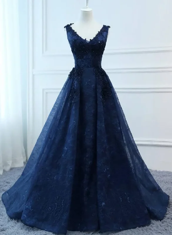 Navy Blue V-neckline Lace Long Party Dress with Flowers, Blue V-neckline Prom Dress Tunics New arrival Navy Blue V-neckline Lace Long Party Dress with Flowers, Blue V-neckline Prom Dress Tunics New arrival