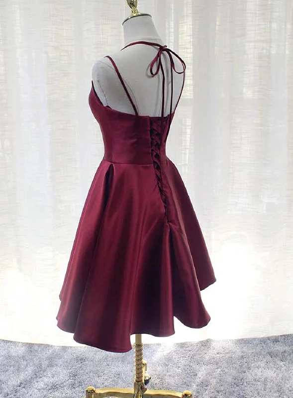 Burgundy Straps V-neckline Short Party Dress , Lovely Satin Homecoming Dress Tunics Recommended stylist Burgundy Straps V-neckline Short Party Dress , Lovely Satin Homecoming Dress Tunics Recommended stylist