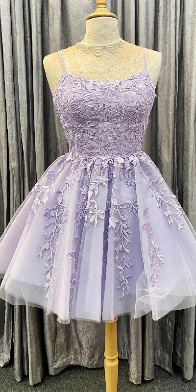 Princess Short Lavender A Line Lace Appliqued Homecoming Dress, Party Dress Peplum Ruffle Cocktail Princess Short Lavender A Line Lace Appliqued Homecoming Dress, Party Dress Peplum Ruffle Cocktail