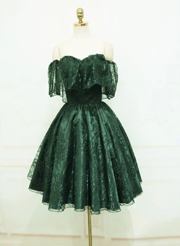 Dark Green Lace Off Shoulder Short Party Dress, Lace Homecoming Dress Crew Neckline Sporty Dark Green Lace Off Shoulder Short Party Dress, Lace Homecoming Dress Crew Neckline Sporty
