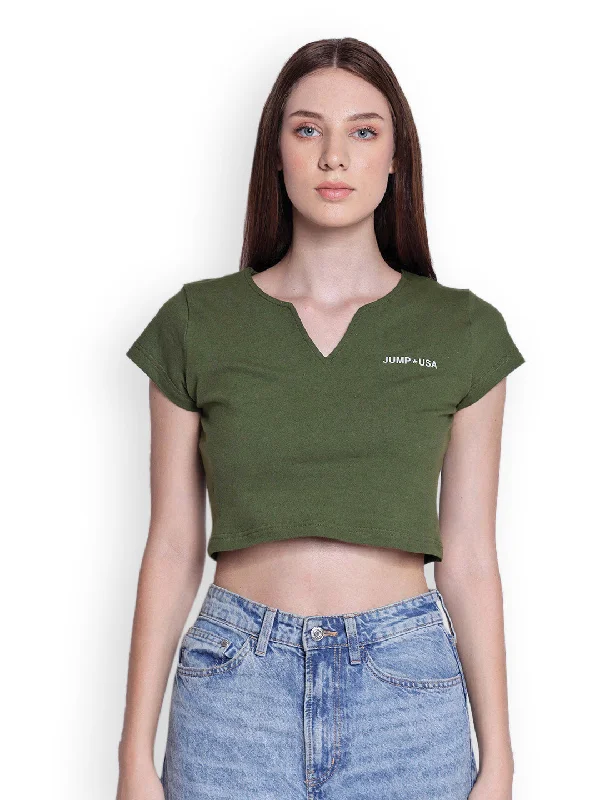 JUMP USA Womens Green Solid Split Neck Crop Tops Plaid Crop Top Polka Dot Checkered
