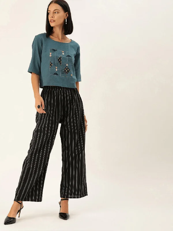Women's Teal Blue Printed Boxy Crop Top with Embellished Detail - Varanga Casual Formal Business Women's Teal Blue Printed Boxy Crop Top with Embellished Detail - Varanga Casual Formal Business