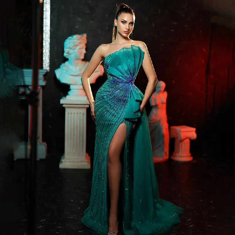 Serene Hill Green Strapless Beaded Mermaid High Split Evening Party Gowns 2024 Sexy Party Dresses For Women LA72090 Square Neckline Feminine Serene Hill Green Strapless Beaded Mermaid High Split Evening Party Gowns 2024 Sexy Party Dresses For Women LA72090 Square Neckline Feminine