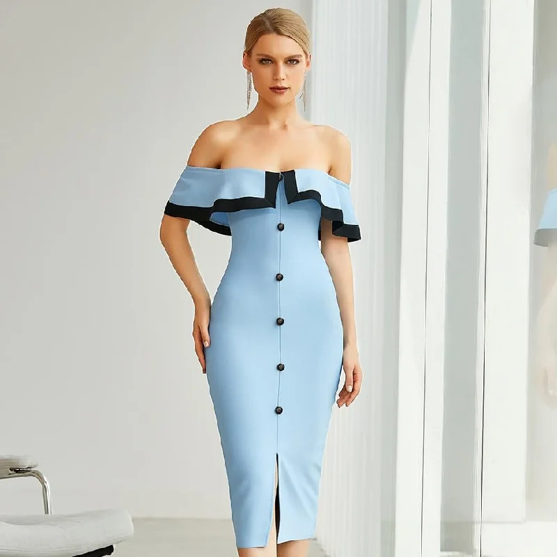 Off Shoulder Buttons Blue Bodycon Celebrity Evening Runway Party Dress Cowl Neckline Elegant Off Shoulder Buttons Blue Bodycon Celebrity Evening Runway Party Dress Cowl Neckline Elegant