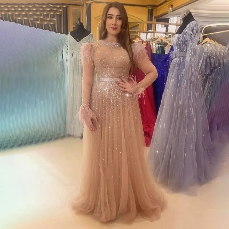 Serene Hill Pink A Line O-Neck Sexy Feathers Long Sleeves Beaded Luxury Arabic Party Dresses Formal Women Evening 2024 LA71783 Halter Neckline Beach Serene Hill Pink A Line O-Neck Sexy Feathers Long Sleeves Beaded Luxury Arabic Party Dresses Formal Women Evening 2024 LA71783 Halter Neckline Beach