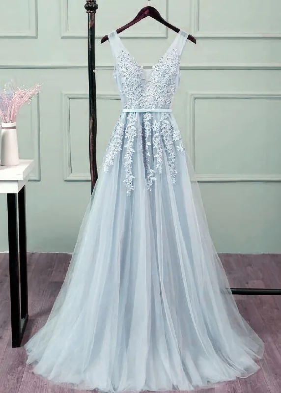 Sliver-Grey Tulle Long Lace V-neckline Party Dress, Floor Length Prom Dress Tunics Custom made Sliver-Grey Tulle Long Lace V-neckline Party Dress, Floor Length Prom Dress Tunics Custom made