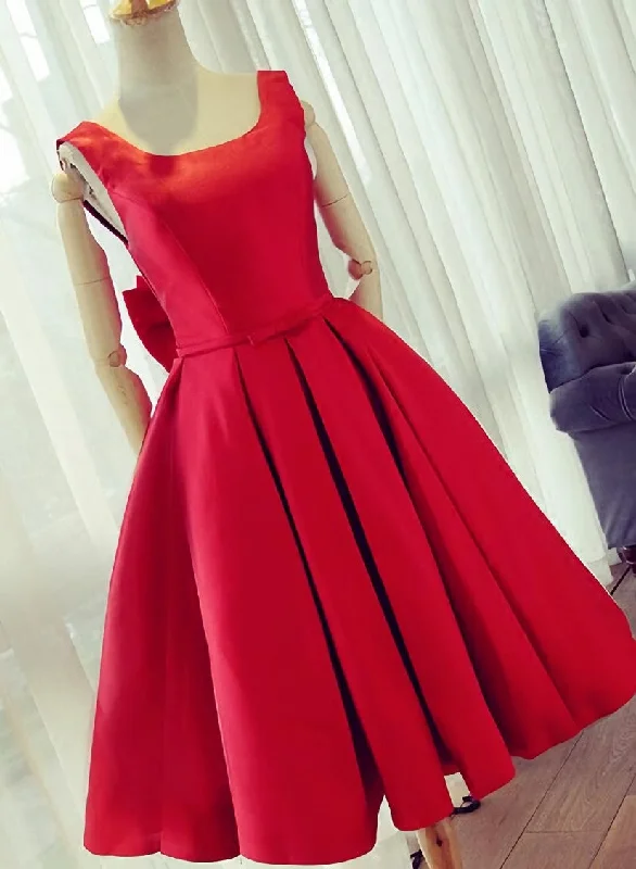 Cute Satin Bow Back Party Dresses Red Short Homecoming Dresses Boatneck Modish Everyday Cute Satin Bow Back Party Dresses Red Short Homecoming Dresses Boatneck Modish Everyday