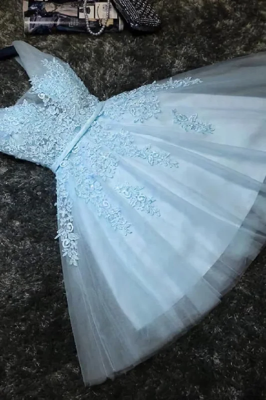 Lovely Blue Tulle V Neckline Short Party Dress, Tulle With Lace Homecoming Dress Off-the-shoulder Bohemian Festive Lovely Blue Tulle V Neckline Short Party Dress, Tulle With Lace Homecoming Dress Off-the-shoulder Bohemian Festive