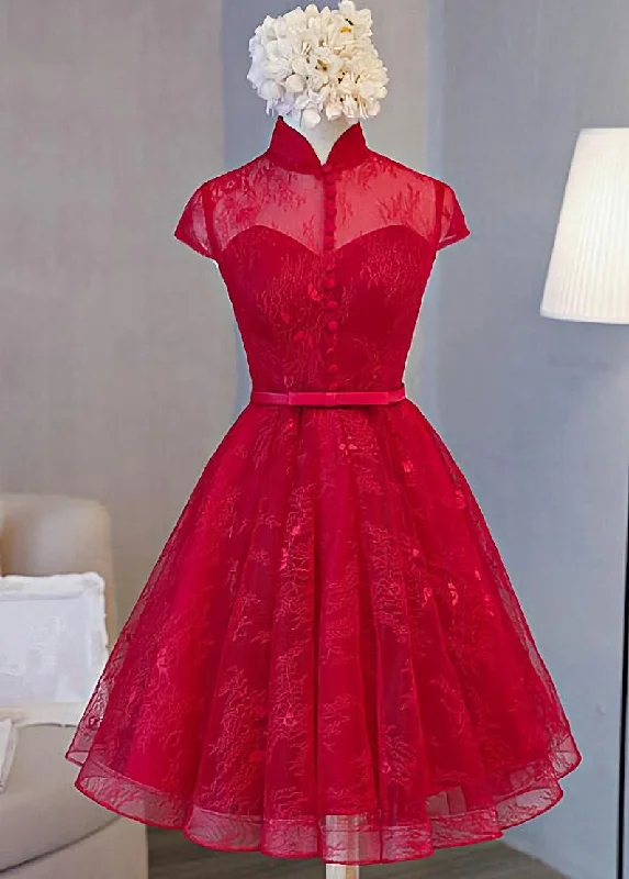 Cute Lace Short Cap Sleeves Homecoming Dress, Red Short Party Dresses Crew Neckline Casual Cute Lace Short Cap Sleeves Homecoming Dress, Red Short Party Dresses Crew Neckline Casual