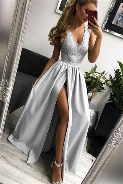 Elegant Silver V-neck Long Lace Satin Prom Dress For Teens Party Dress Tunics Polka dots Elegant Silver V-neck Long Lace Satin Prom Dress For Teens Party Dress Tunics Polka dots