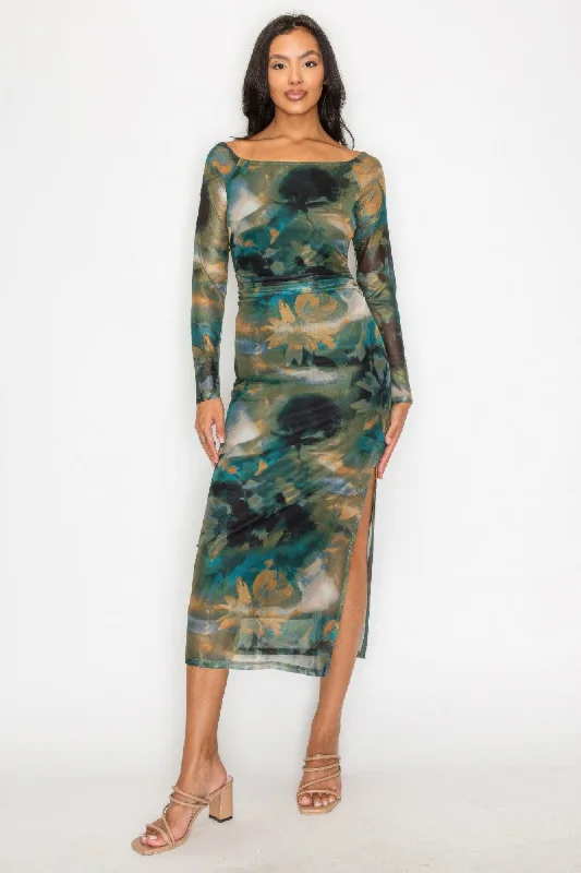 Slit Off-shoulder Mesh Printed Dress Boatneck Modish Everyday