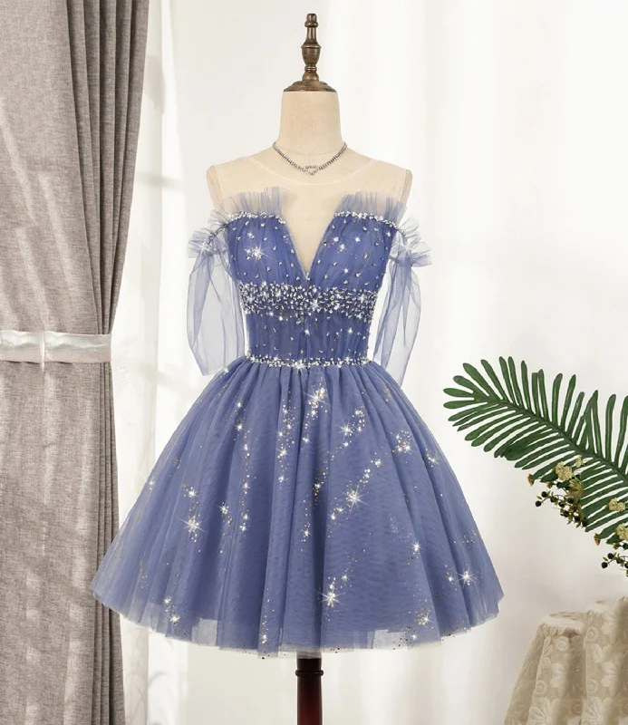 Blue Tulle Sequins Short A Line Homecoming Dress, Party Dress Boatneck Modish Everyday Blue Tulle Sequins Short A Line Homecoming Dress, Party Dress Boatneck Modish Everyday