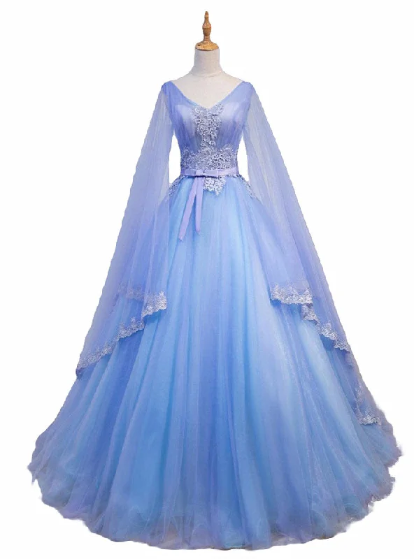 Blue V-neckline Prom Dress with Long Sleeves, Lace Applique Party Dress For Teen Tunics Exclusive limited Blue V-neckline Prom Dress with Long Sleeves, Lace Applique Party Dress For Teen Tunics Exclusive limited