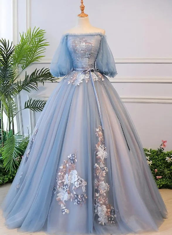 Blue Tulle Off Shoulder with Lace Floral Long Party Dress, Cute Party Dress Prom Dress Tunics Sophisticated sleek Blue Tulle Off Shoulder with Lace Floral Long Party Dress, Cute Party Dress Prom Dress Tunics Sophisticated sleek