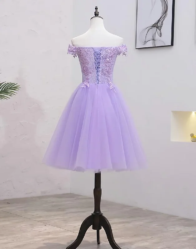 Light Purple Lace And Tulle Off The Shoulder Homecoming Dress, Short Party Dress Tunics Versatile functional Light Purple Lace And Tulle Off The Shoulder Homecoming Dress, Short Party Dress Tunics Versatile functional