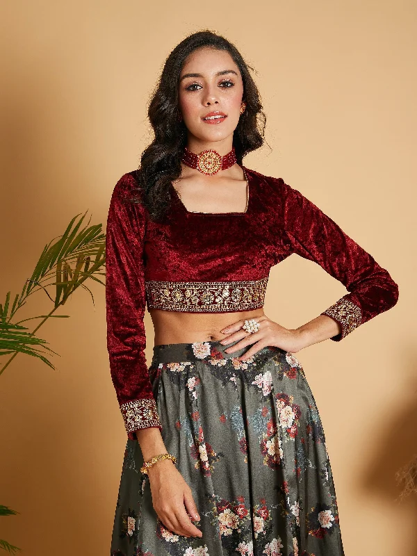 Women's Maroon Velvet Embroidered Crop Top - Lyush Welt Pockets Slit Pockets Flap Pockets Women's Maroon Velvet Embroidered Crop Top - Lyush Welt Pockets Slit Pockets Flap Pockets
