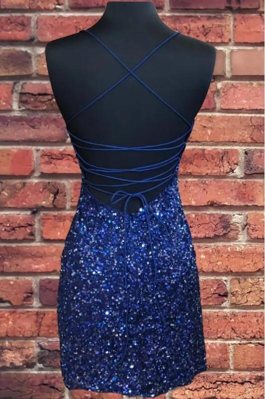 Tight Navy Blue Sequin Short Homecoming Dresses Sparkly Party Dress Tunics Chic fashionable Tight Navy Blue Sequin Short Homecoming Dresses Sparkly Party Dress Tunics Chic fashionable