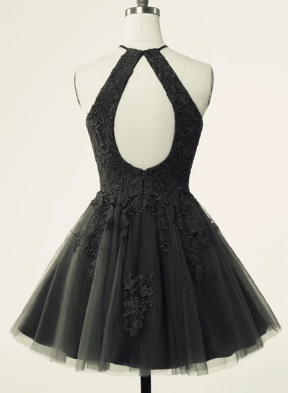Black Halter Tulle With Lace Short Party Dress, Black Tulle Homecoming Dress Tunics Plaid country Black Halter Tulle With Lace Short Party Dress, Black Tulle Homecoming Dress Tunics Plaid country