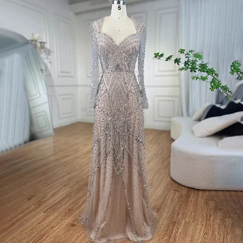 Serene Hill Arabic silver nude Long Sleeves Beaded Dubai Mermaid Evening Gowns 2024 Elegant Party Dresses For Women LA72183 Crew Neckline Sporty Serene Hill Arabic silver nude Long Sleeves Beaded Dubai Mermaid Evening Gowns 2024 Elegant Party Dresses For Women LA72183 Crew Neckline Sporty
